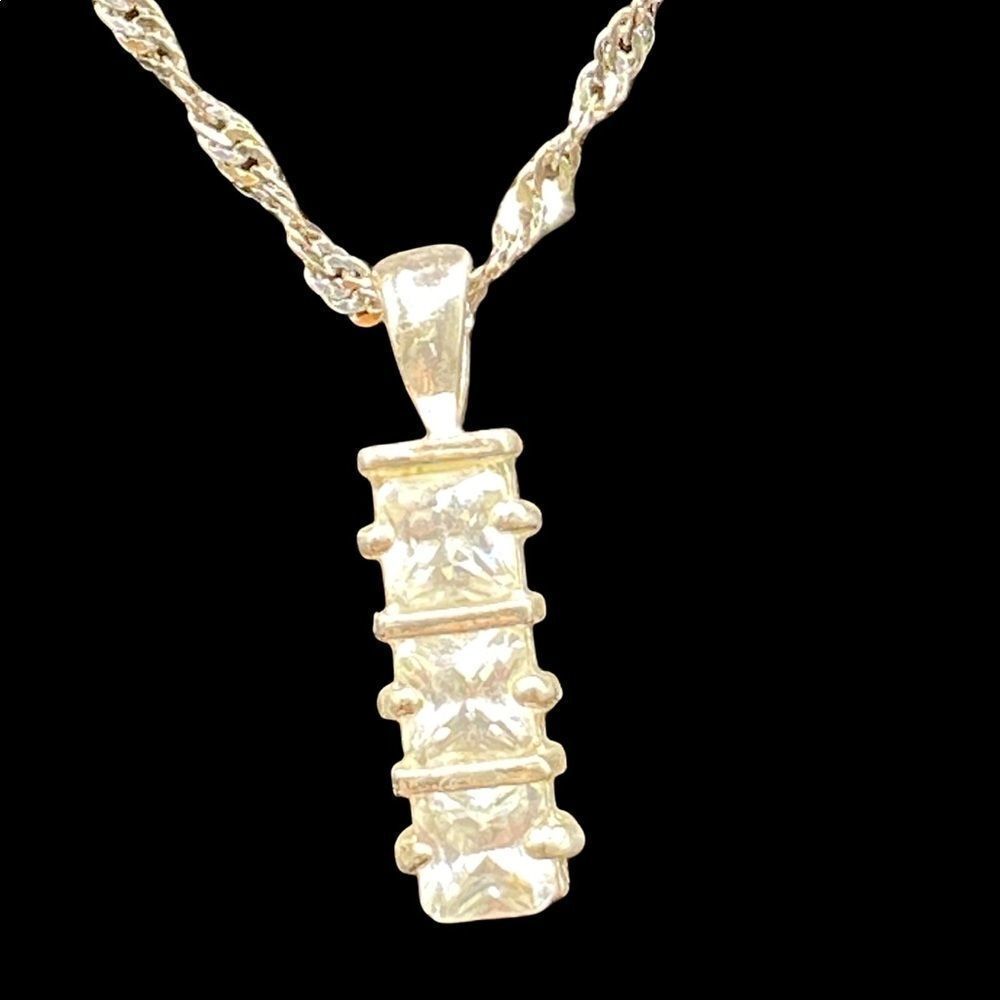 Sterling silver 925 diamond cut chain three stone cz journey pendant